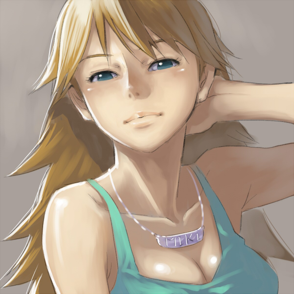 aerodog, blonde_hair, blush, breasts, camisole, cleavage, green_eyes, hand_behind_head