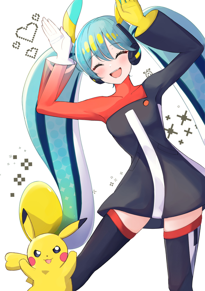 1girl, absurdres, aqua_hair, asymmetrical_gloves, black_dress, blue_thighhighs, blush, closed_eyes