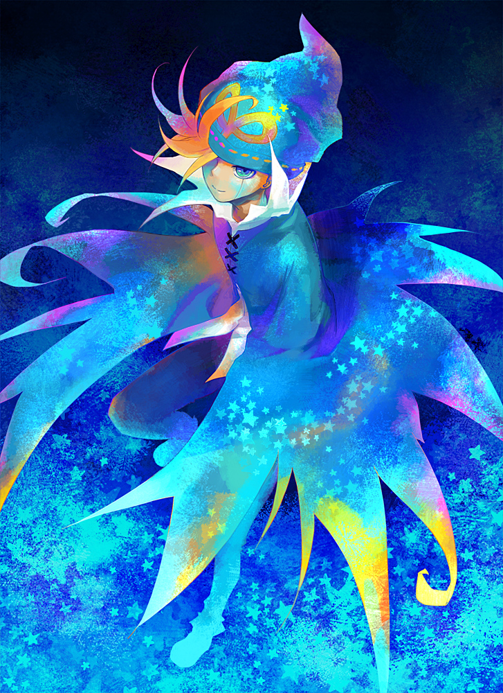 blonde_hair, blue_eyes, bonnou-s-rice, cloak, geno, hair_over_one_eye, hat, male, personification, shirt, smile, solo, star, super_mario_bros., super_mario_rpg