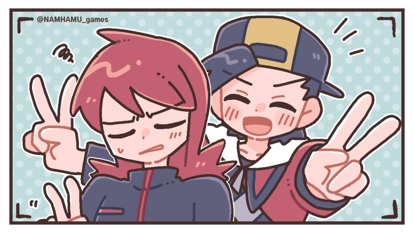 2boys, backwards_hat, baseball_cap, black_hair, black_jacket, blush, border, closed_eyes, commentary_request, dot_nose, double_v, ethan_(pokemon), hat, jacket, kuki_hamu21, long_sleeves, male_focus, medium_hair, multiple_boys, open_mouth, outstretched_arms, pokemon, pokemon_hgss, red_hair, red_jacket, short_hair, silver_(pokemon), twitter_username, upper_body, v, white_border