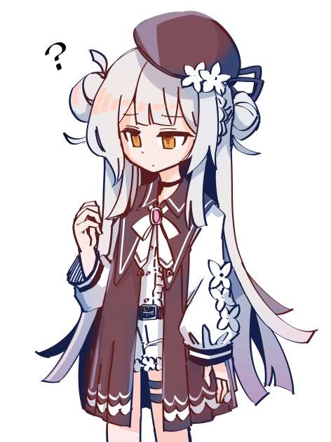 1girl, beret, commentary, cosplay, flower_ornament, hat, hime_cut, long_hair, magical_girl, mahou_shoujo_no_inshuu_mura, mahou_shoujo_no_majo_saiban, mikitani_nana, sakuraba_ema, sakuraba_ema_(cosplay), shorts, untranslatable_commentary, voice_actor_connection, watanuki_sakuya_(manomura), white_background, white_hair, yellow_eyes, zassou_maruko