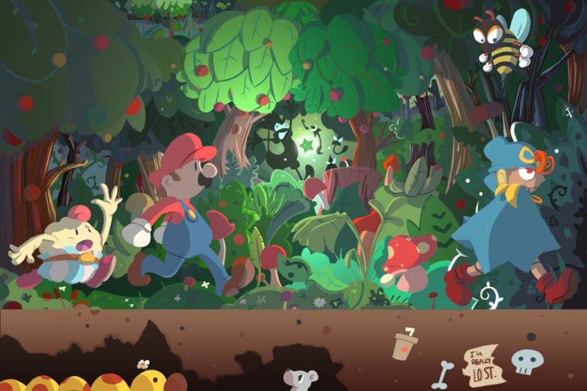 bone, bowyer, brown_hair, bush, cap, cloak, cuca, doll_joints, english, facial_hair, flower, food, forest, fruit, geno, glaring, gloves, glowing, grass, hat, leaf, mallow_(mario), mario, mouse, mushroom, mustache, nature, open_mouth, outstretched_arm, overalls, red_eyes, skull, star, super_mario_bros., super_mario_rpg, super_mushroom, tree, walking, waving, wiggler