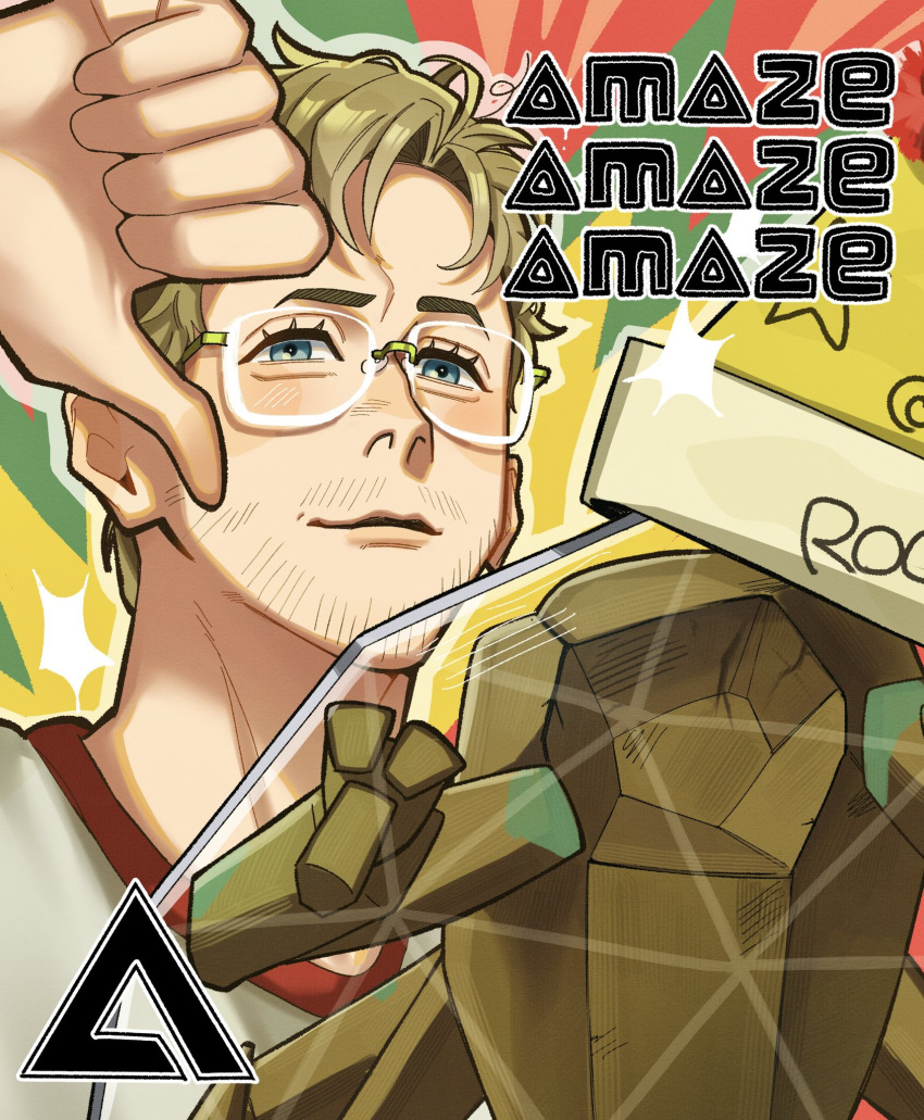 1boy, 1other, beard_stubble, blonde_hair, blue_eyes, closed_mouth, commentary, facial_hair