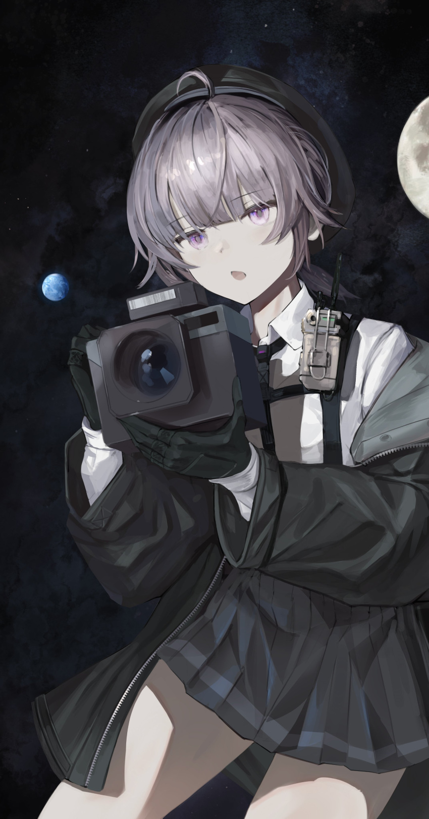 1girl, absurdres, ahoge, alternate_hairstyle, black_gloves, black_hat, black_jacket, black_necktie, black_skirt, blunt_bangs, camera, chest_strap, cheyanne_(girls'_frontline_2), collared_shirt, commentary_request, cowboy_shot, douibotan, earth_(planet), giant, giantess, girls'_frontline_2:_exilium, girls_frontline, gloves, hat, highres, holding, holding_camera, hood, hood_down, hooded_jacket, jacket, long_sleeves, looking_at_viewer, low_ponytail, m200_(girls'_frontline), medium_hair, moon, necktie, off_shoulder, open_clothes, open_jacket, open_mouth, planet, pleated_skirt, ponytail, shirt, sidelocks, skirt, solo, space, thighs, violet_eyes, walkie-talkie, white_shirt