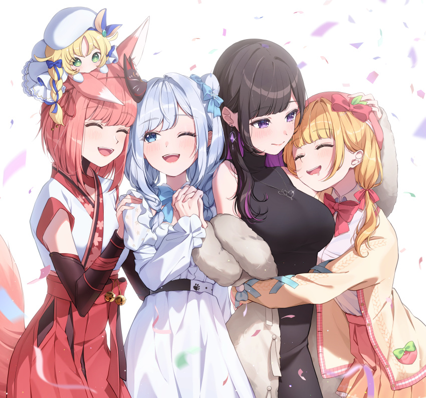 5girls, beret, black_hair, blonde_hair, bow, bowtie, breasts, commentary_request