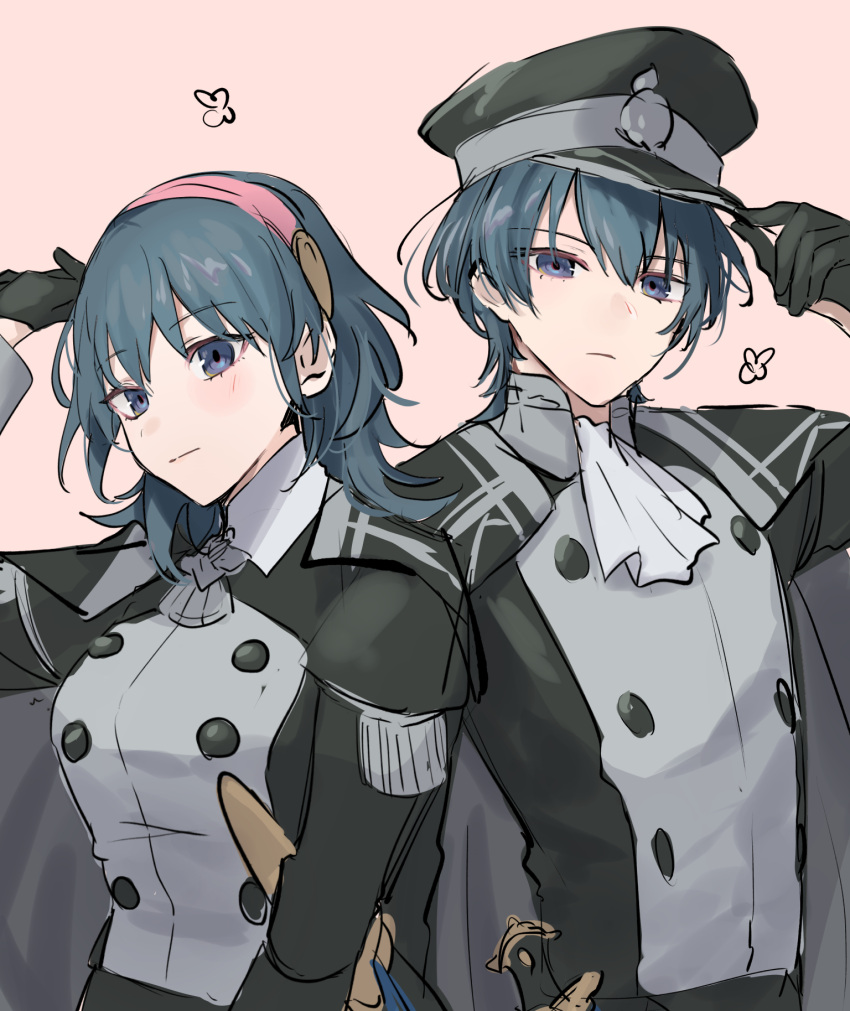 1boy, 1girl, black_gloves, black_hat, blue_eyes, blue_hair, breasts, buttons