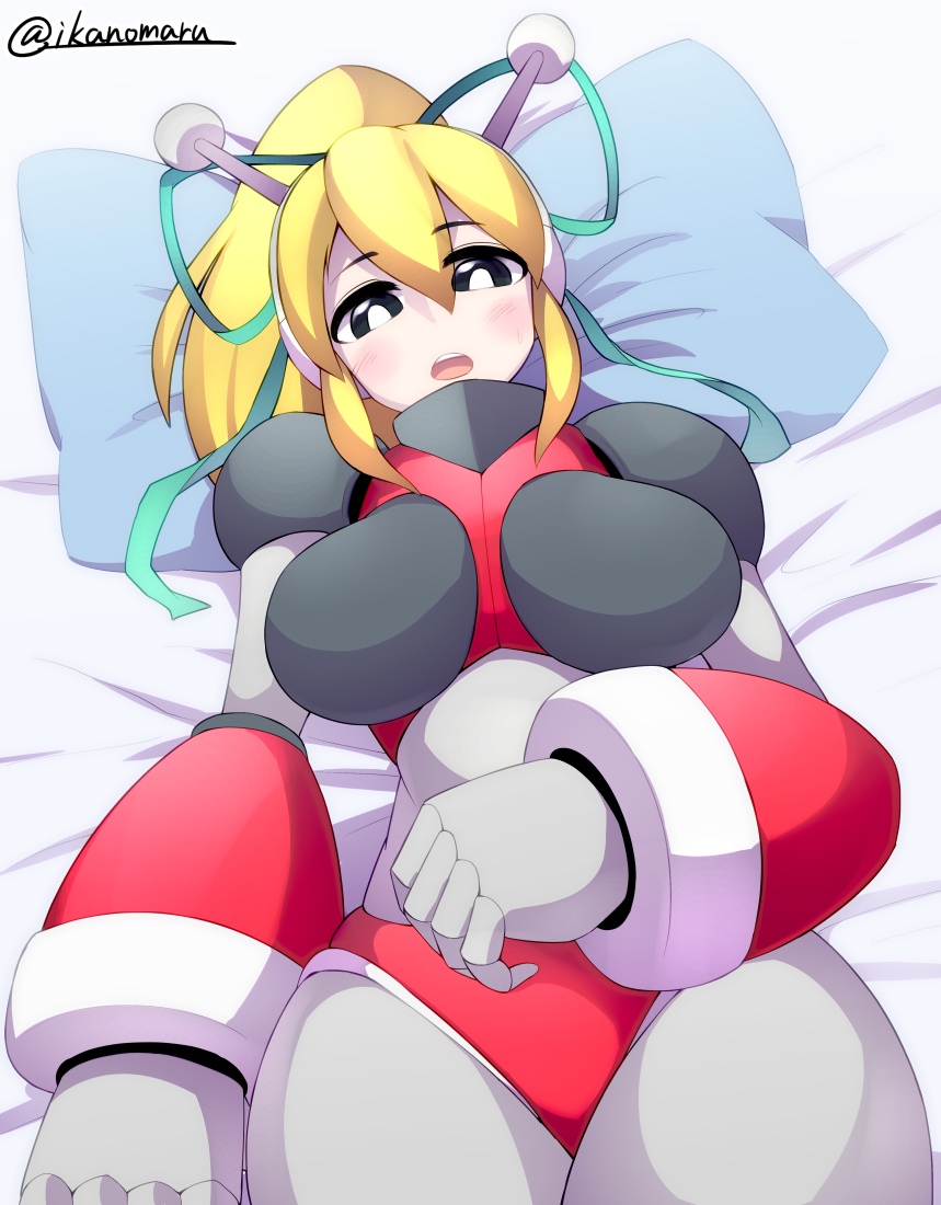 1girl, :d, aged_up, android, antennae, arm_behind_back, arm_up, armor