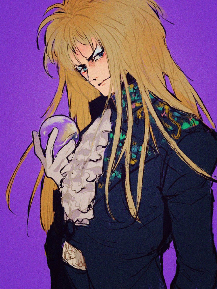 1boy, abunaideka, black_jacket, blue_eyeshadow, brown_hair, center_frills, closed_mouth, commentary_request, crystal, crystal_ball, eyeshadow, frills, gloves, highres, holding, holding_crystal, jacket, jareth, labyrinth_(movie), long_sleeves, looking_at_viewer, makeup, male_focus, purple_background, solo, upper_body, white_gloves