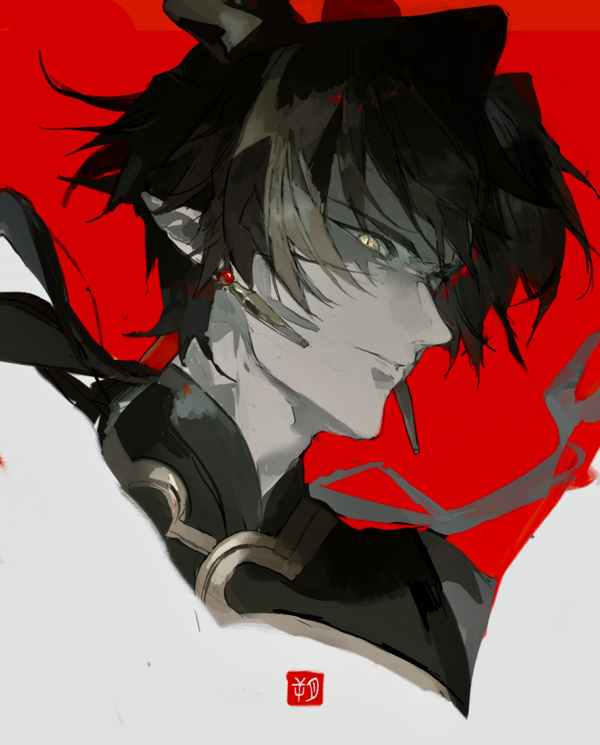 1boy, absurdres, arknights, black_hair, black_shirt, blonde_hair, chongyue_(arknights), closed_mouth