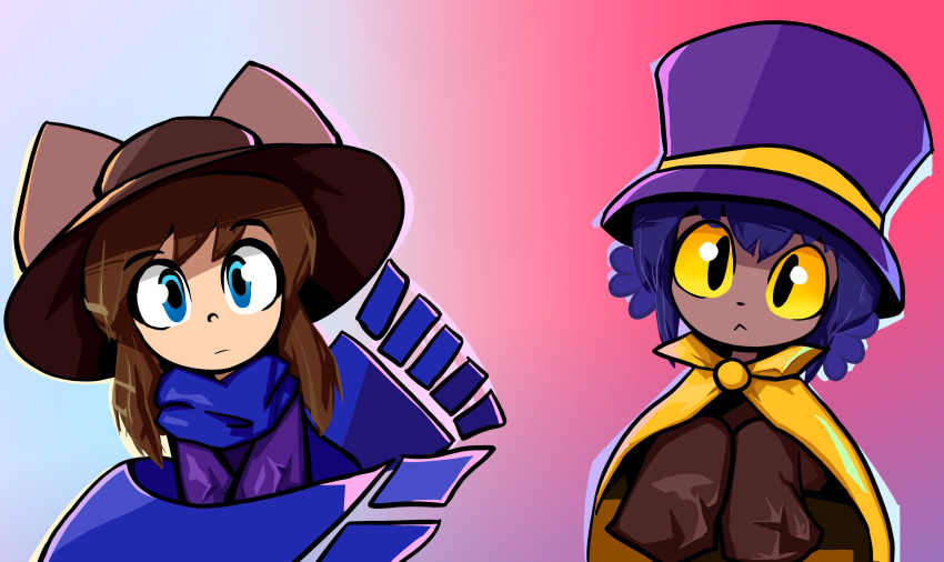 1girl, 1other, :<, :|, a_hat_in_time, absurdres, animal_hat, black_eyes