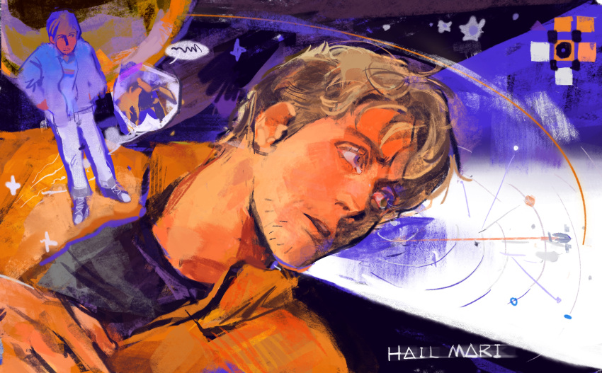 1boy, absurdres, alien, beard, beard_stubble, casual, commentary, facial_hair, highres, messy_hair, miya192105, project_hail_mary, rocky_(project_hail_mary), ryland_grace, scene_fashion, scenery, space, stubble
