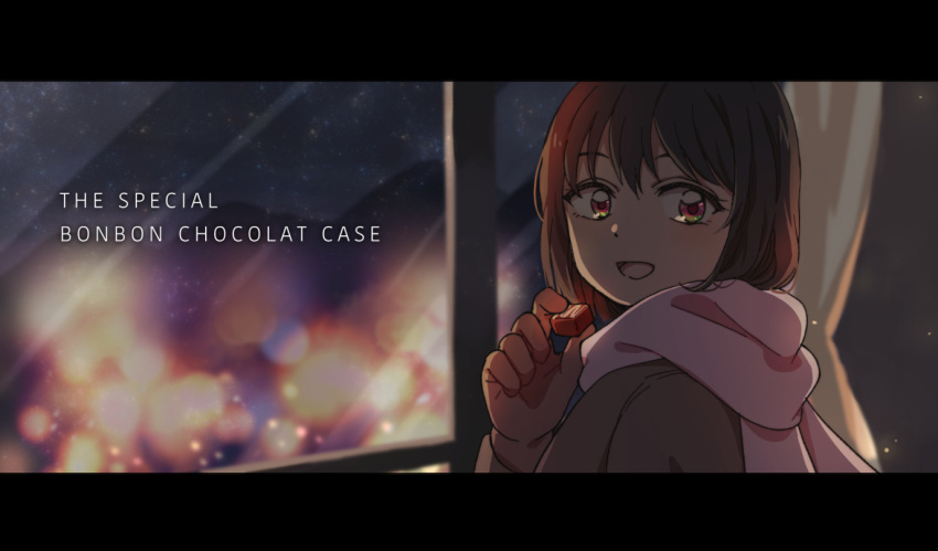 1girl, brown_eyes, brown_jacket, chocolate, commentary_request, english_text, eyelashes, food