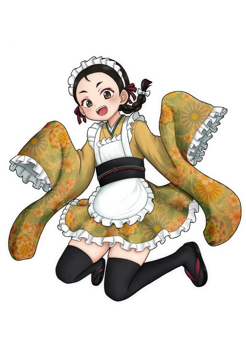 1girl, absurdres, amanone_yun, apron, black_hair, black_sandals, black_thighhighs, braid