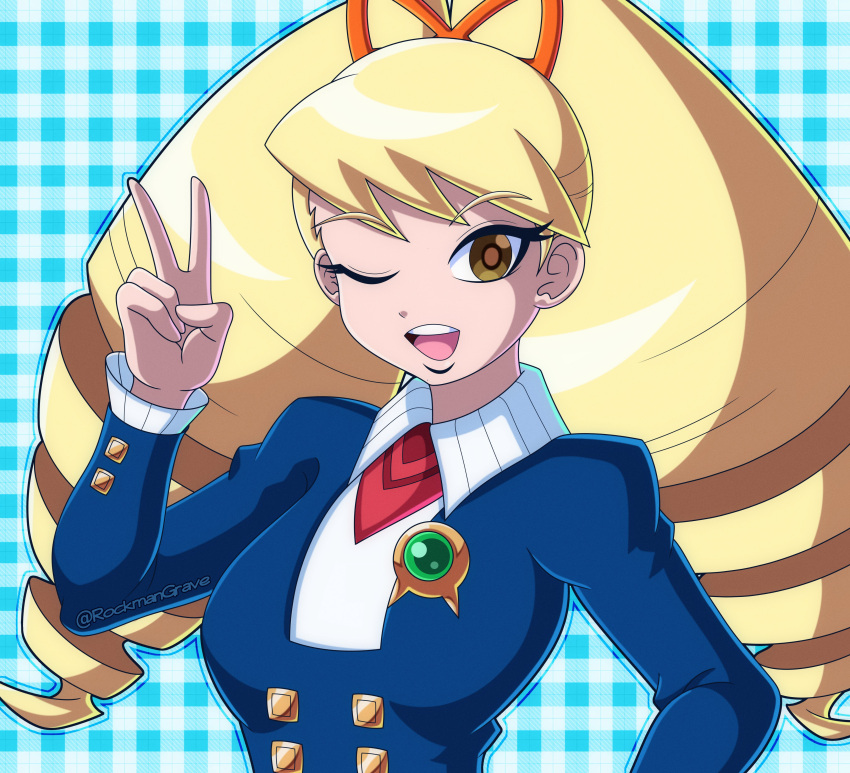1girl, absurdres, alternate_breast_size_(larger), blonde_hair, blue_shirt, breasts, commentary, drill_hair