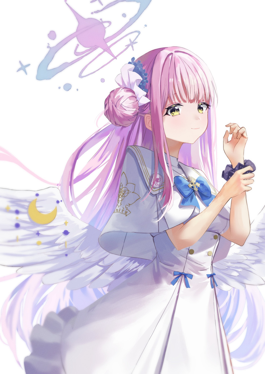 1girl, absurdres, blue_archive, blue_bow, blush, bow, breasts, capelet
