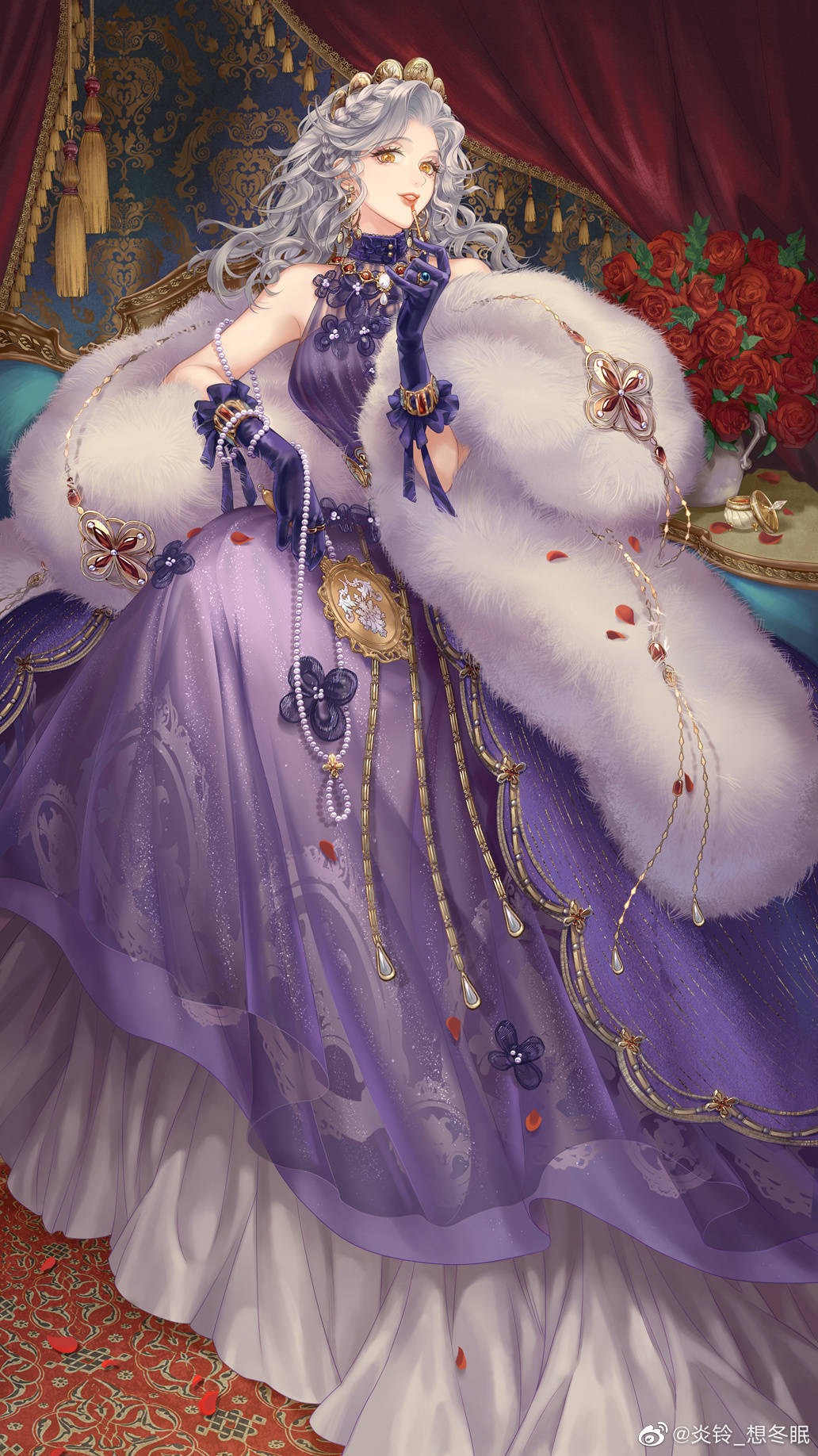 applying_lipstick, applying_makeup, bare_shoulders, braid, breasts, carpet, chaise_longue, chinese_commentary