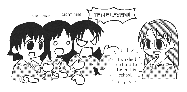 4girls, 67_(meme), azumanga_daioh, cropped_torso, denkirk, english_text, glasses, greyscale