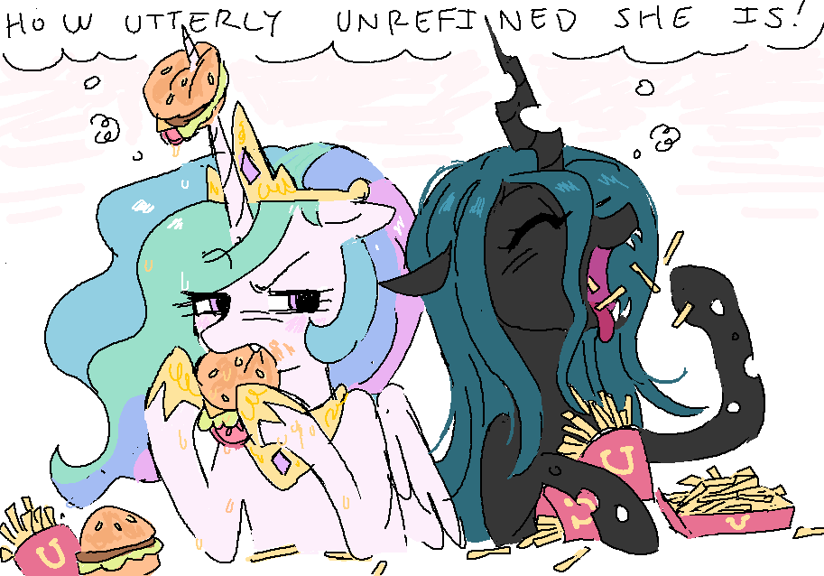 bananameowffins, burger, eating, food, french_fries, holding, holding_burger, holding_food, hooves, horns, multicolored_hair, my_little_pony, my_little_pony:_friendship_is_magic, pony_(animal), princess_celestia, queen_chrysalis, rainbow_hair, single_horn, unicorn, winged_unicorn