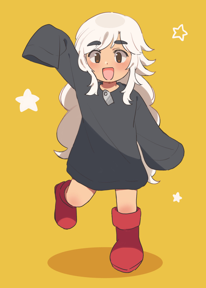 1girl, arm_up, black_shirt, boots, child, commentary_request, eastward, full_body