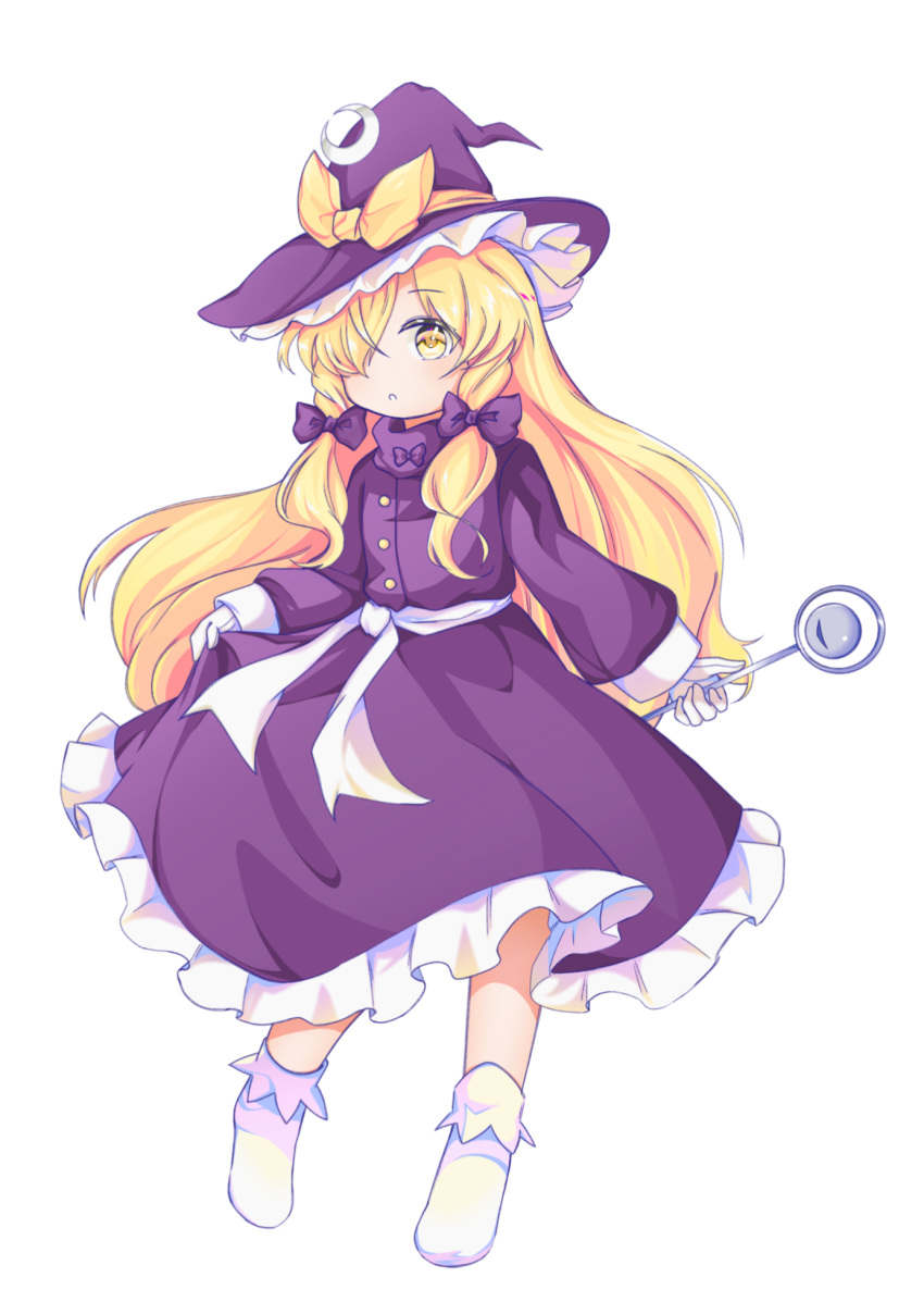 1girl, bow, chinese_commentary, commentary_request, crescent, crescent_hat_ornament, dress, frilled_dress, frills, gloves, hair_bow, hair_over_one_eye, hat, hat_bow, hat_ornament, highres, holding, holding_own_dress, holding_wand, kirisame_marisa, kirisame_marisa_(pc-98), long_hair, long_sleeves, looking_at_viewer, purple_bow, purple_dress, purple_hat, simple_background, solo, touhou, touhou_(pc-98), very_long_hair, wand, white_background, white_gloves, witch_hat, wu_yu_wanwan