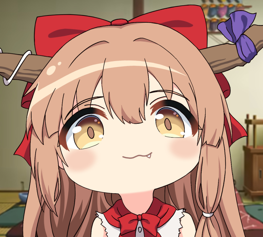 :3, blush, bow, bowtie, brown_hair, buttons, closed_mouth, commentary_request