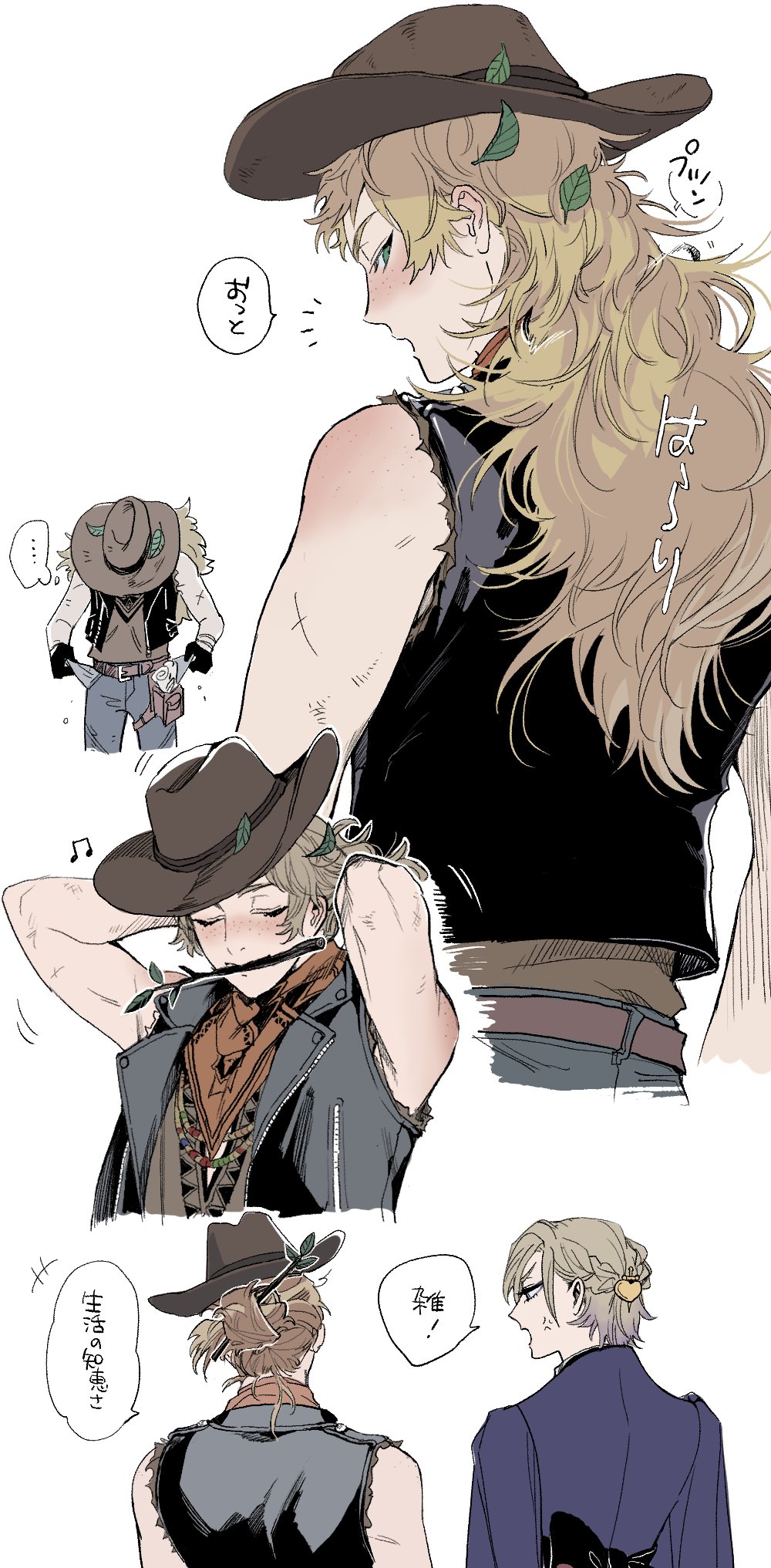 2boys, black_jacket, blonde_hair, body_freckles, braid, branch_in_mouth, colored_skin, commentary
