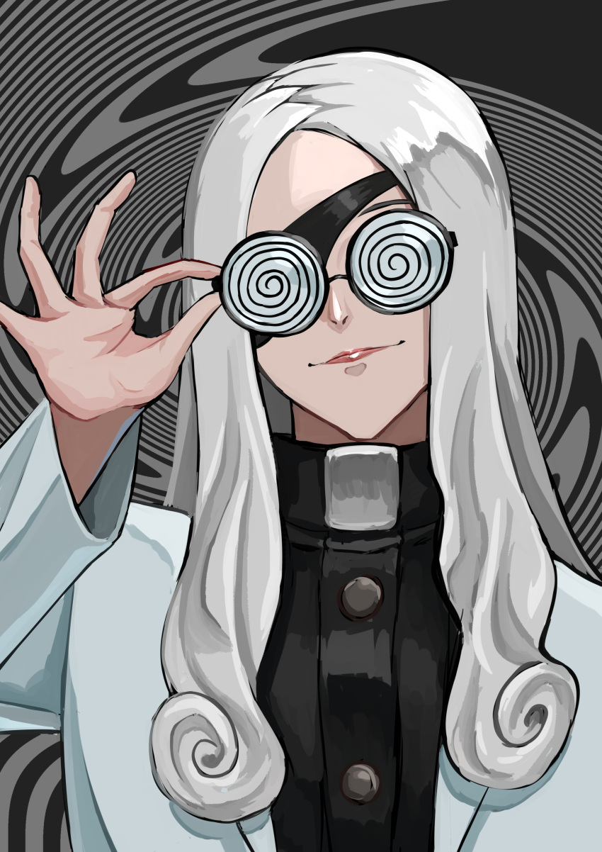 1boy, absurdres, adjusting_eyewear, coke-bottle_glasses, commentary_request, eyepatch, glasses, highres, junket_bank, long_hair, male_focus, solo, tendou_yumihiko, upper_body, zingukami
