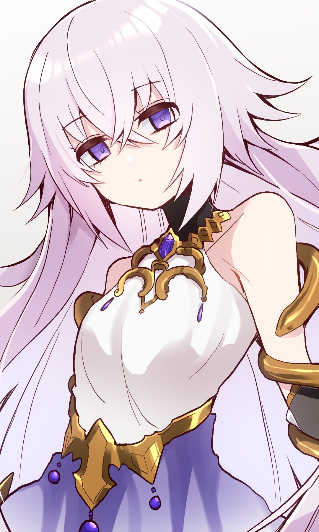 1girl, artistic_error, bad_id, bad_twitter_id, breasts, crossed_bangs, detached_sleeves, gem, gold_trim, grimms_notes, hair_between_eyes, highres, long_hair, looking_at_viewer, magic_mirror_(grimms_notes), parted_lips, purple_gem, purple_hair, saitama_gon, see-through_clothes, see-through_sleeves, solo, spiky_hair, upper_body, very_long_hair, violet_eyes