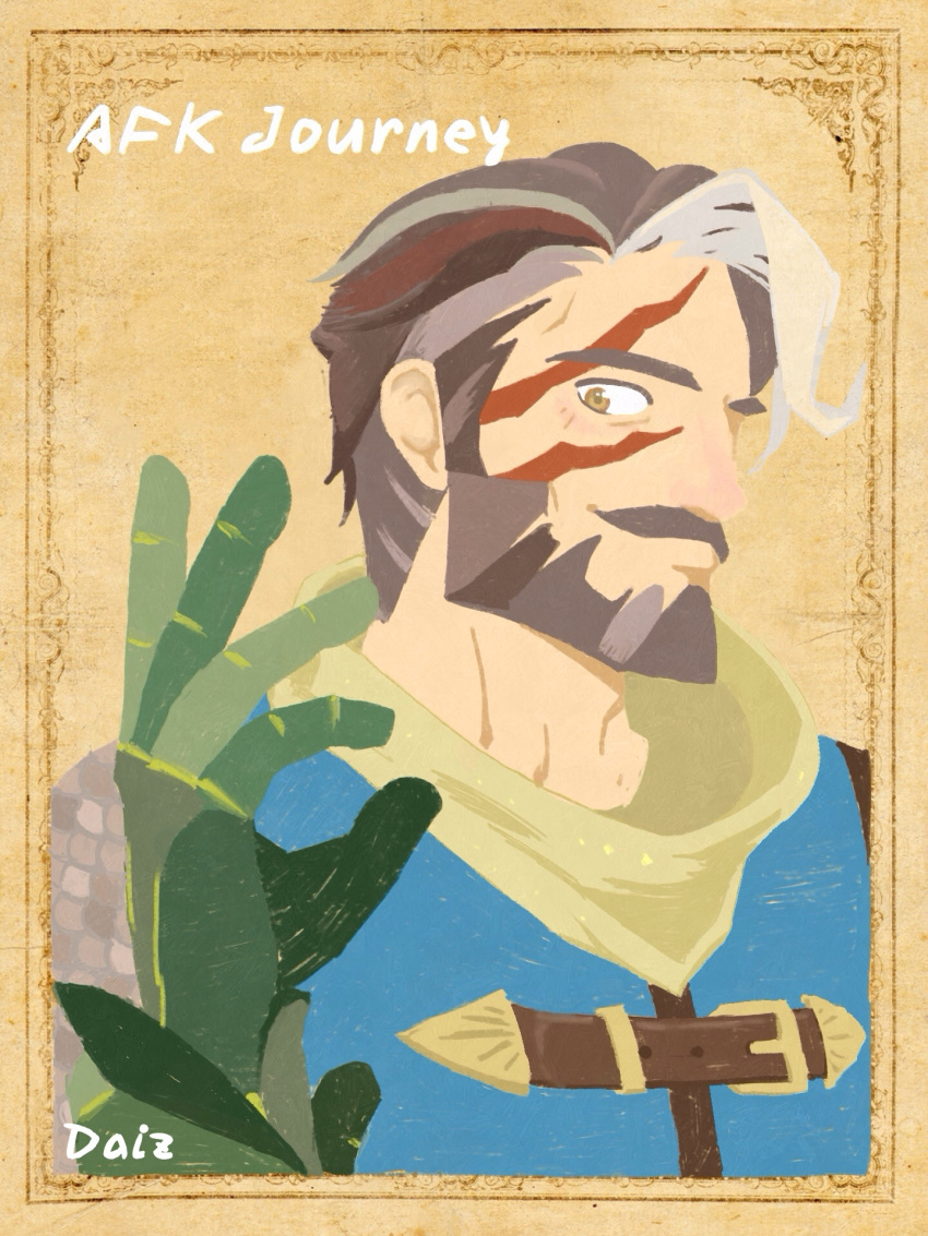 1boy, afk_(series), afk_journey, beard, brown_eyes, closed_mouth, commentary_request, copyright_name, facial_hair, gloves, green_gloves, highres, ichi_(roumadao), korin_(afk), male_focus, mustache, scar, scar_on_face, short_hair, signature, solo, upper_body