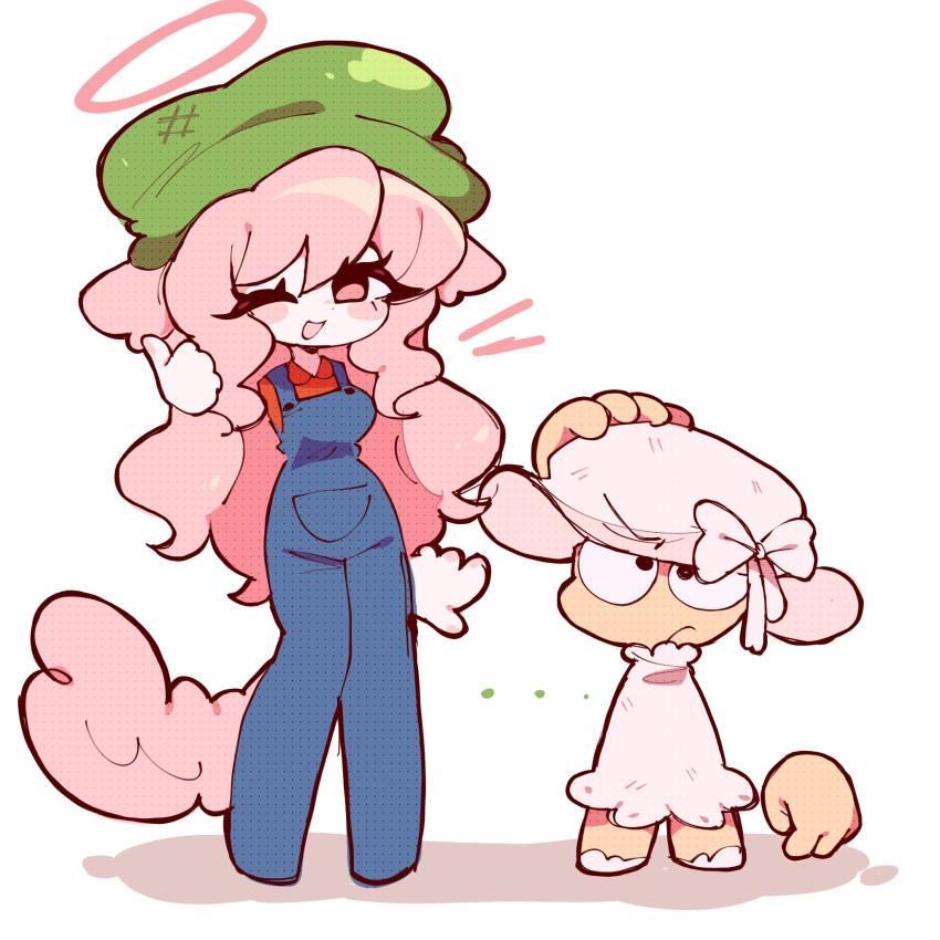 >:(, ..., 1boy, 1girl, ;d, animal_ears, arm_at_side, arm_up