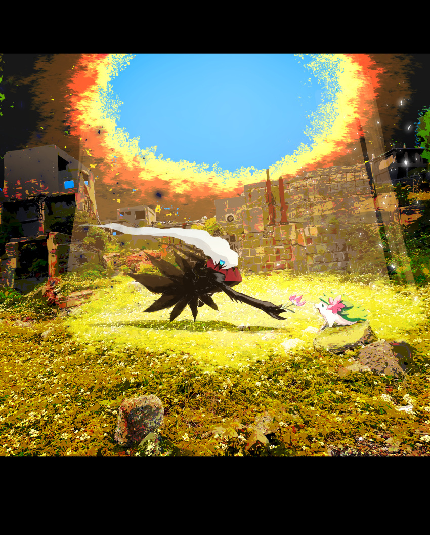 absurdres, blue_eyes, building, commentary_request, darkrai, floating, flower, full_body