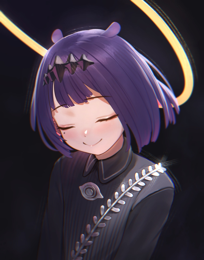 1girl, absurdres, black_background, black_shirt, blunt_bangs, bob_cut, closed_eyes, closed_mouth