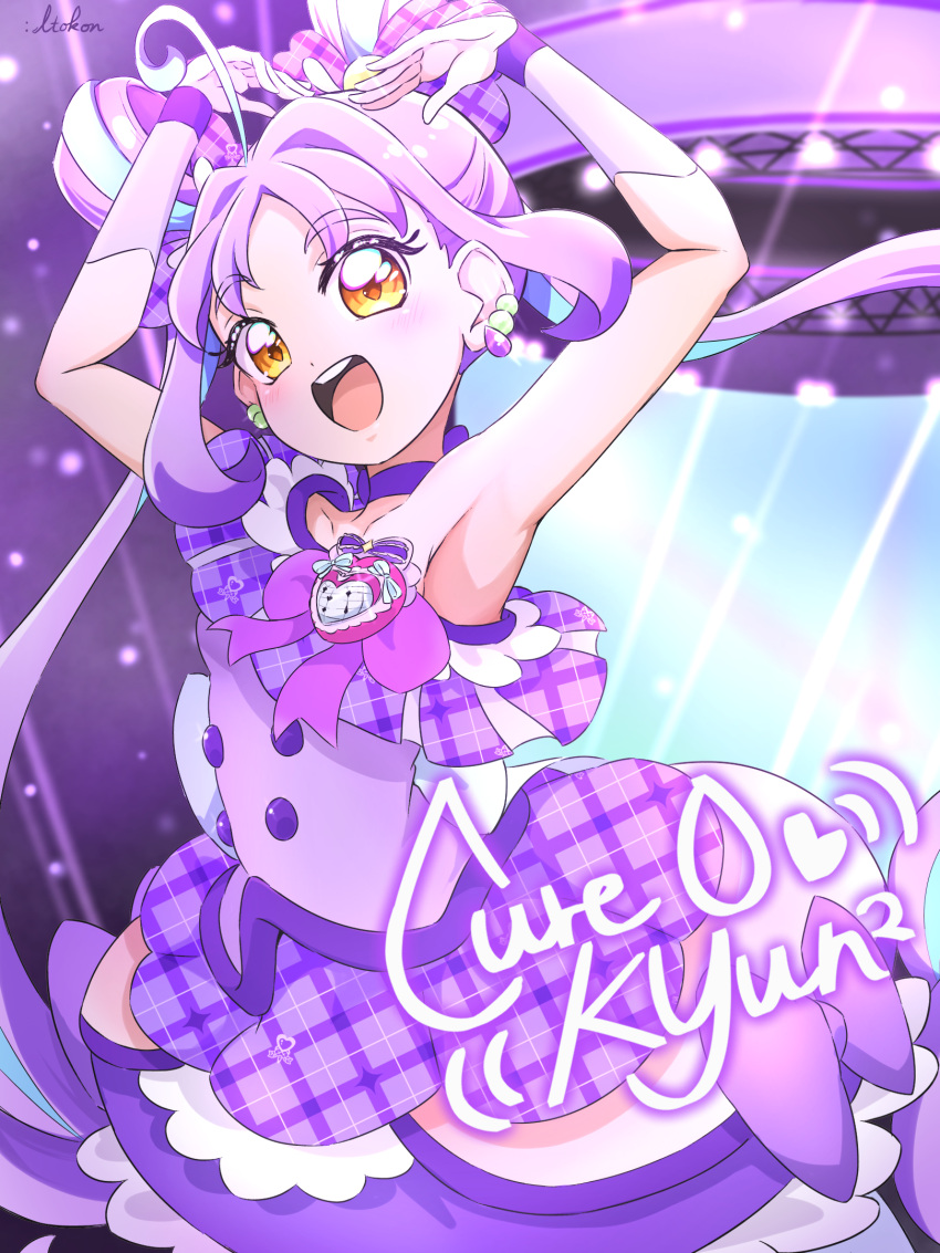 1girl, ahoge, aqua_hair, armpits, arms_up, blue_hair, blush, bow