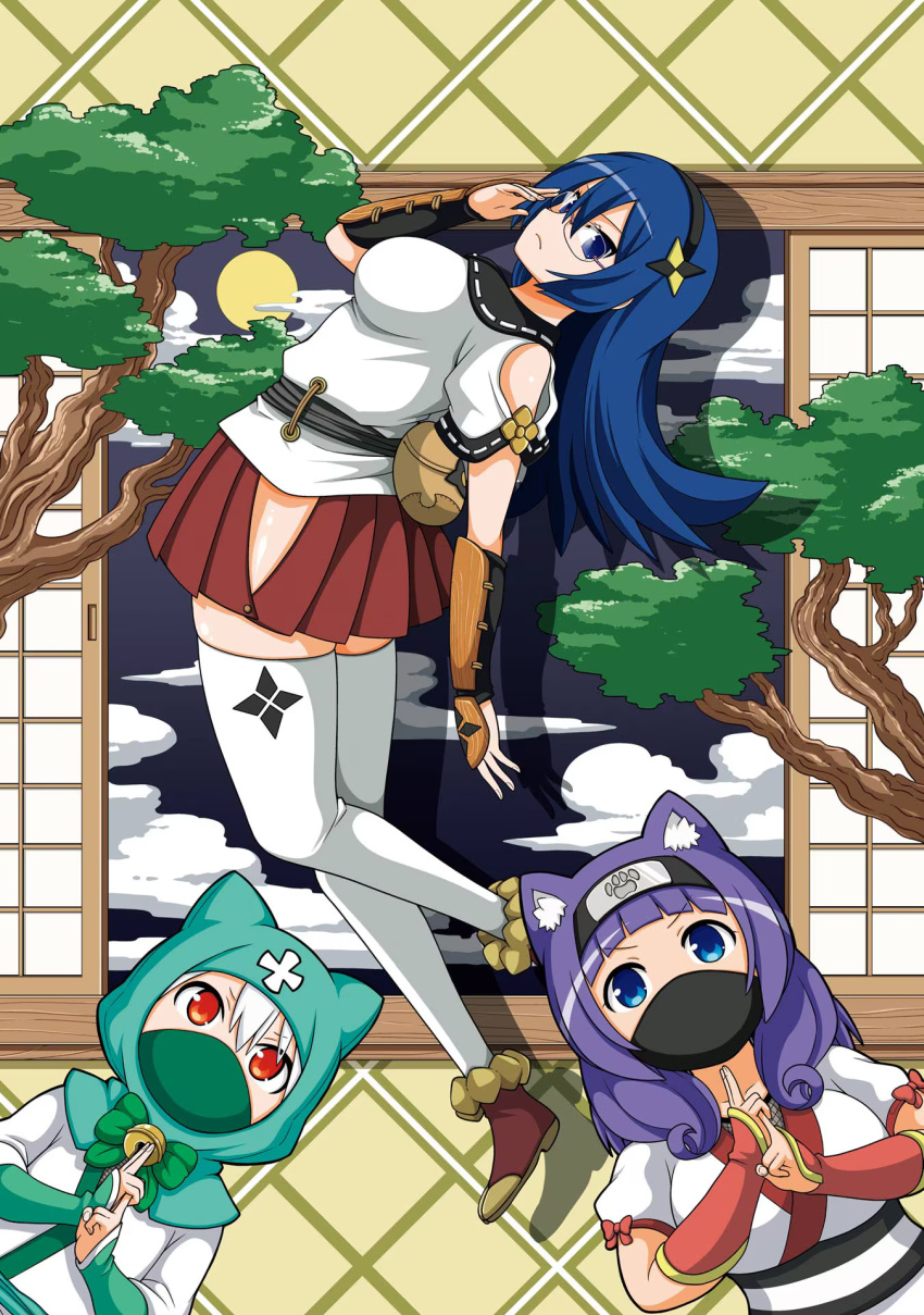 3girls, :<, adjusting_eyewear, animal_ear_fluff, animal_ear_hood, animal_ears, arm_guards, armor