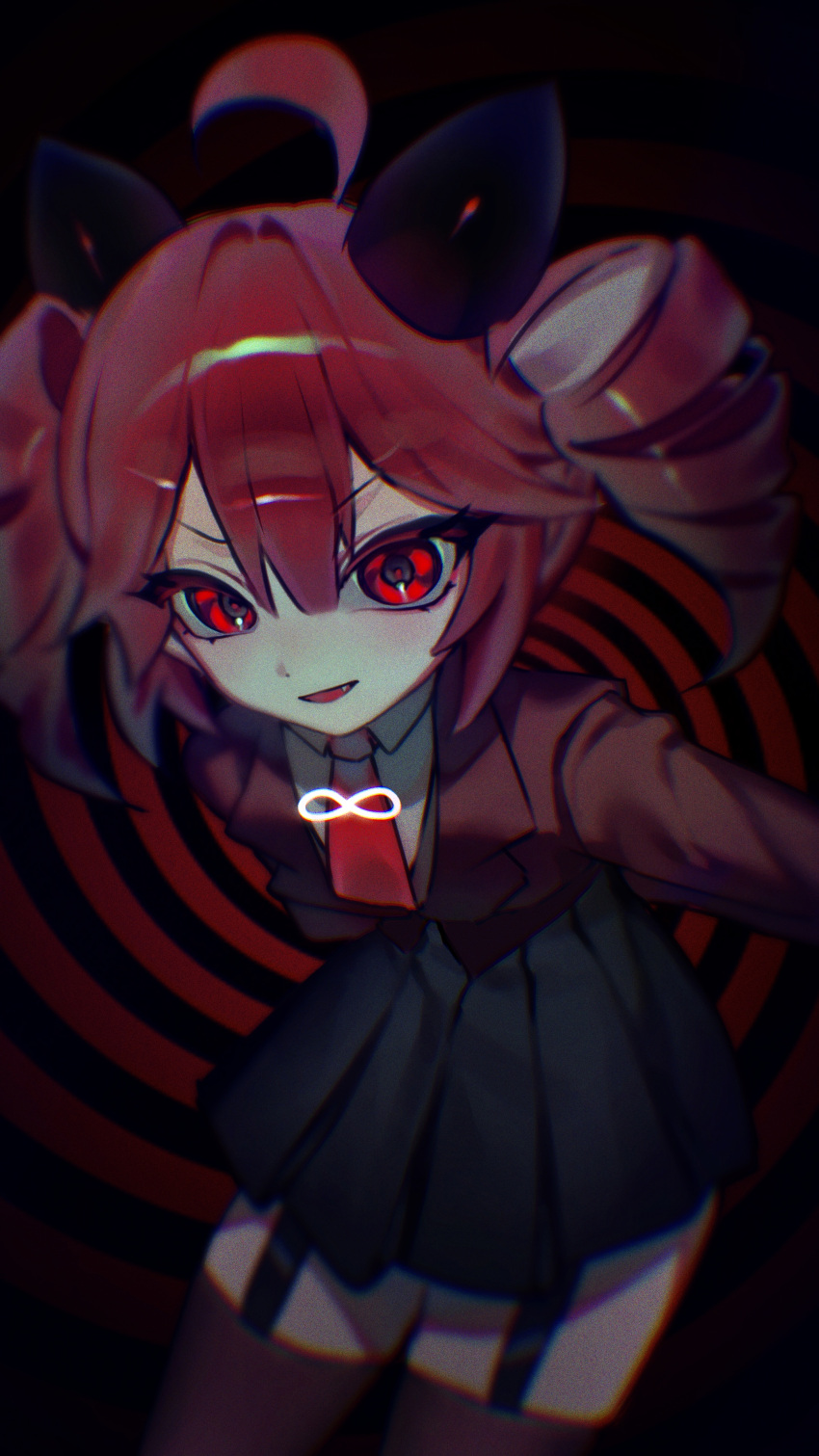 1girl, absurdres, ahoge, arms_behind_back, bent_over, black_horns, black_skirt, collared_shirt