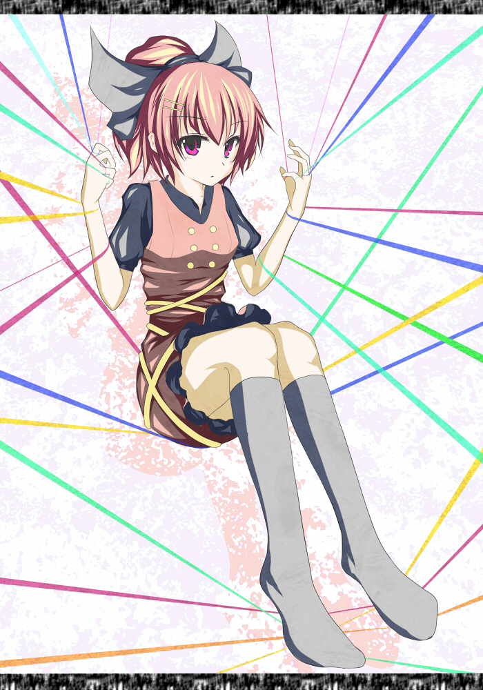 bad_id, blonde_hair, dress, grey_legwear, hair_ribbon, kneehighs, kurodani_yamame, orange_hair, purple_eyes, red_eyes, ribbon, sitting, solo, string, takiteru, thread, threads, touhou