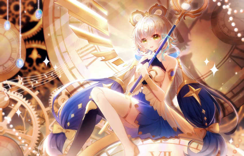 1girl, absurdres, asymmetrical_legwear, bare_shoulders, blue_hair, blue_skirt, clock, detached_hair