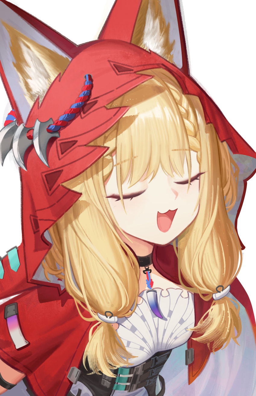 1girl, absurdres, ahoyim, animal_ears, arknights, arknights:_endfield, black_choker, blonde_hair, cape, choker, closed_eyes, commentary, dress, ears_through_headwear, english_commentary, highres, hood, hood_up, hooded_cape, long_hair, open_mouth, red_cape, rossi_(arknights), solo, variant_set, white_background, white_dress, wolf_ears, wolf_girl