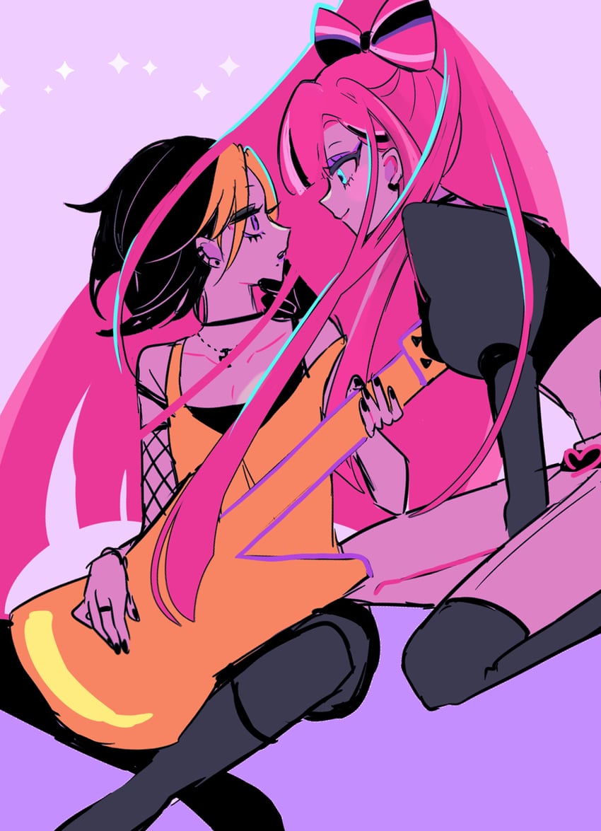 2girls, beauty_mark, belt, black_lemonade_cookie, blonde_hair, blue_hair, bow, choker