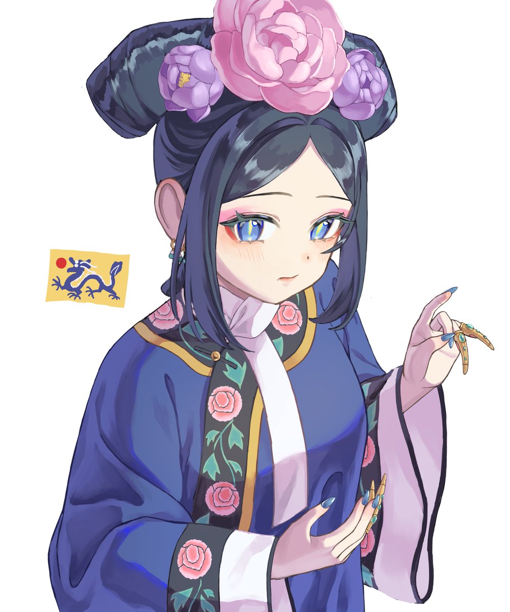 1girl, black_hair, blue_eyes, blue_kimono, blue_nails, closed_mouth, earrings, flag