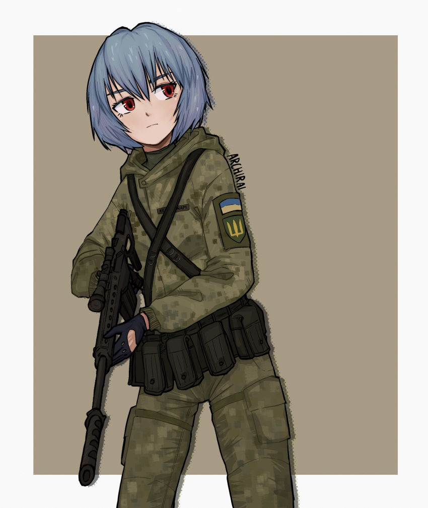 1girl, absurdres, archirai, assault_rifle, ayanami_rei, black_gloves, blue_hair, border