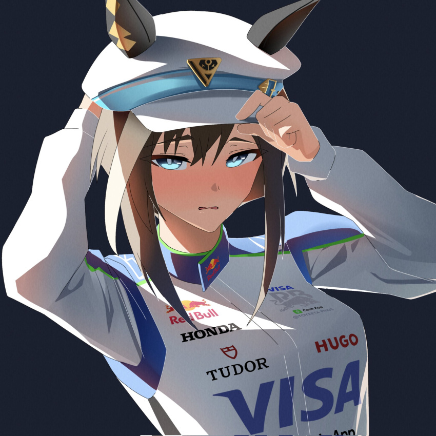 1girl, adjusting_clothes, adjusting_headwear, animal_ears, blue_eyes, blush, breasts, brown_hair