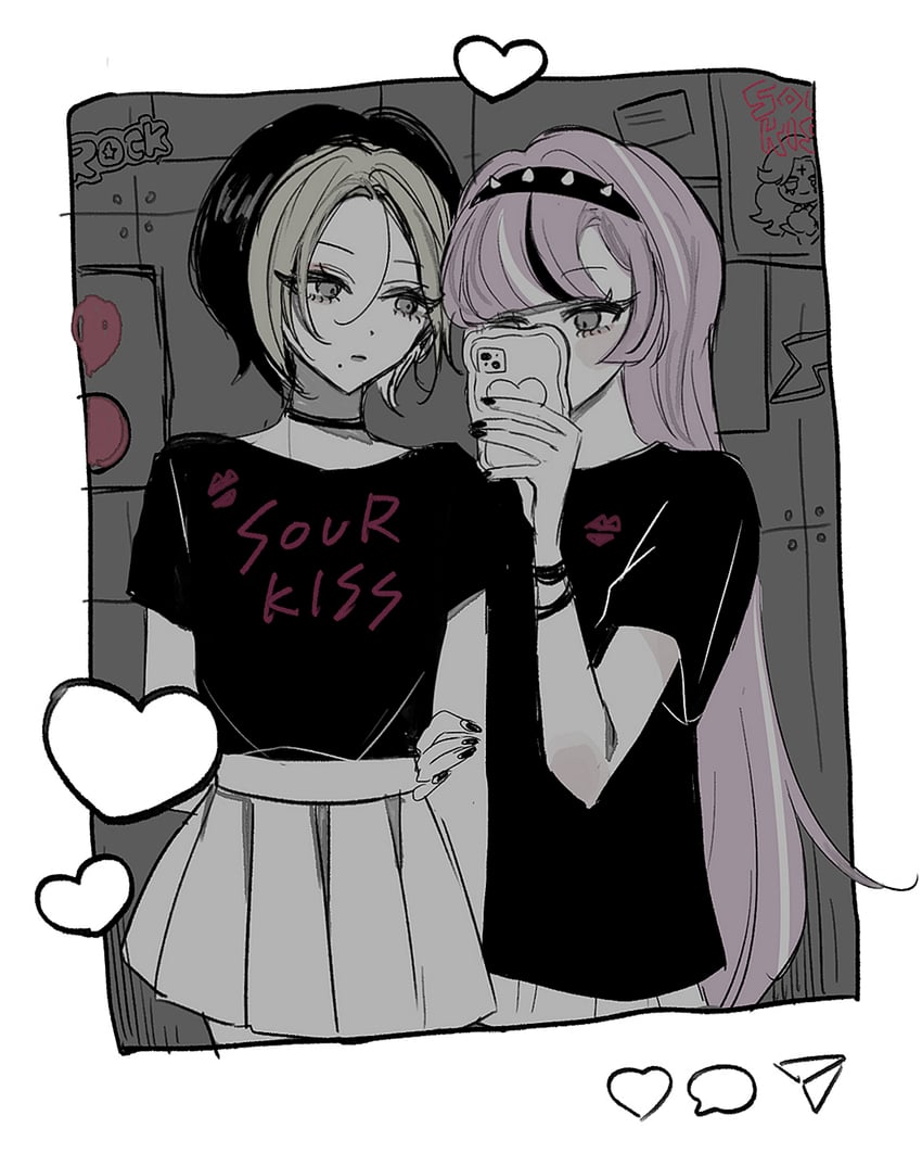 2girls, alternate_costume, alternate_hairstyle, beauty_mark, black_lemonade_cookie, black_nails, black_shirt, blonde_hair