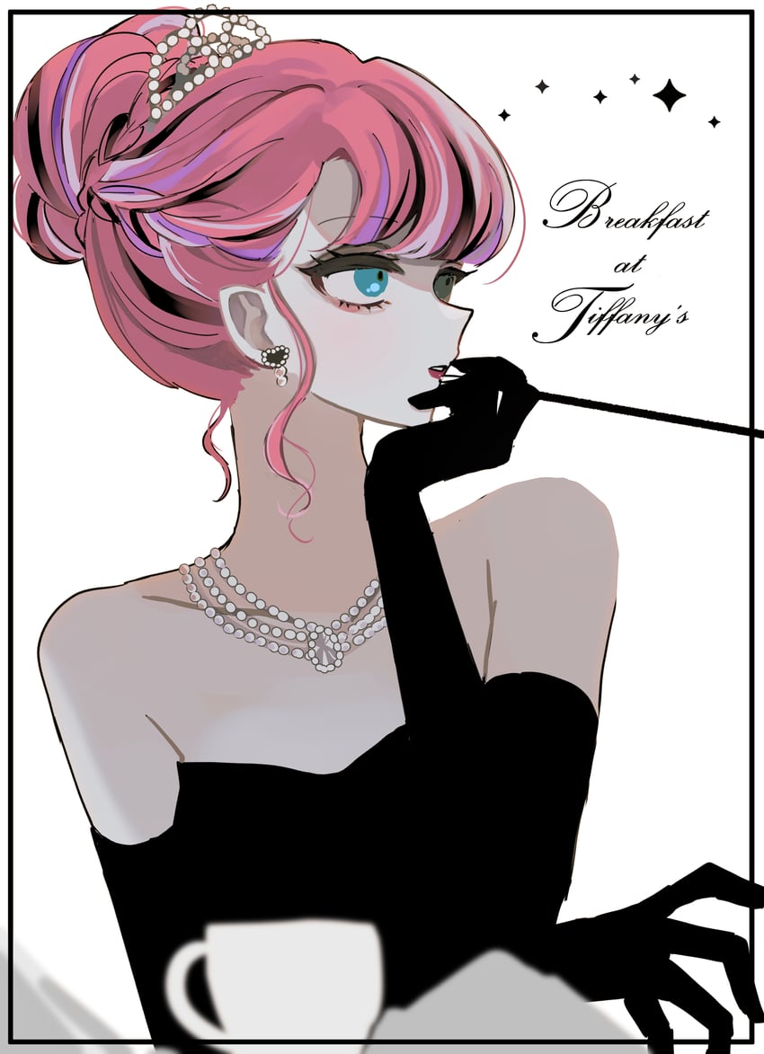 1girl, aegyo_sal, alternate_costume, black_gloves, blue_eyes, bow, breakfast_at_tiffany's, cookie_run