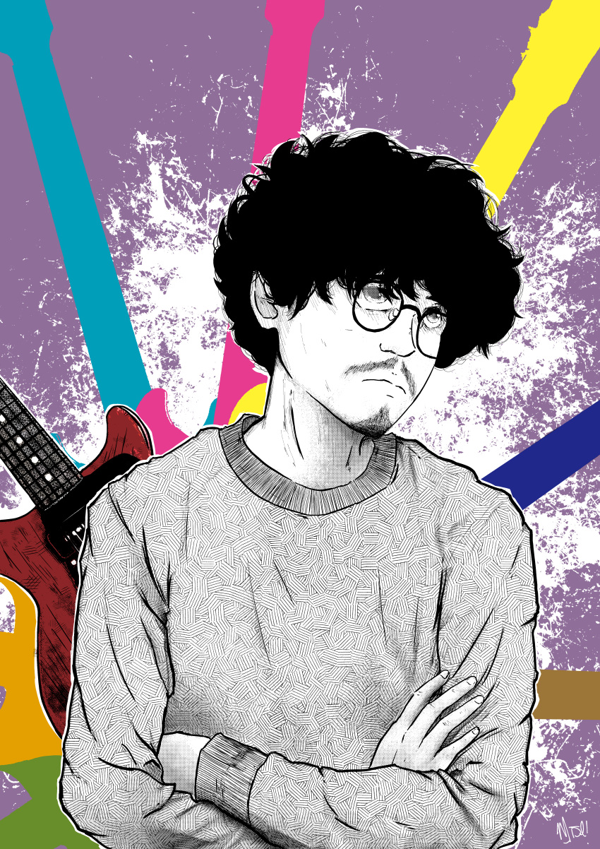 1boy, absurdres, asian_kung-fu_generation, beard, black_hair, crossed_arms, electric_guitar, facial_hair