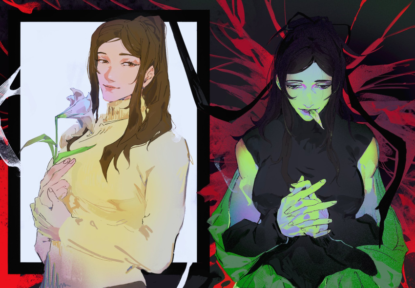 1girl, black_bodysuit, bodysuit, brown_eyes, brown_hair, closed_mouth, flower, fushiguro_tsumiki