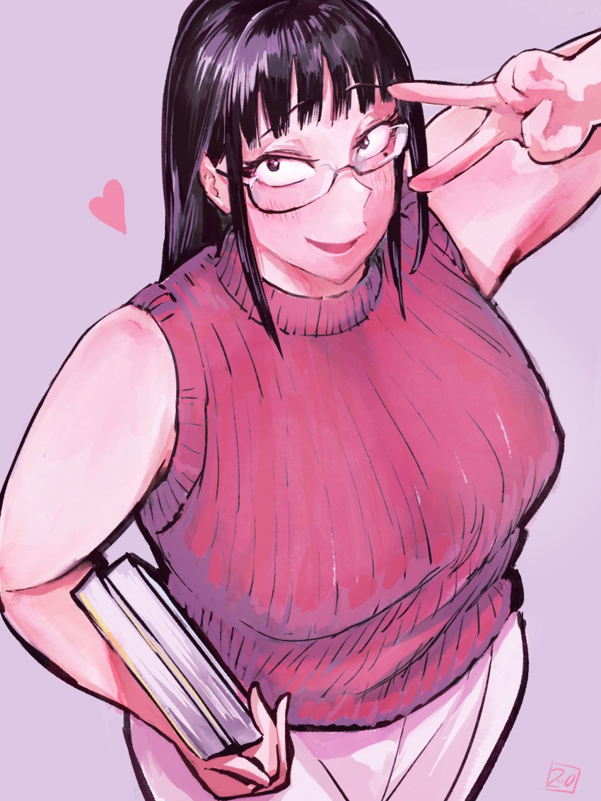 1girl, 20day3, agawa_minako, bare_arms, bare_shoulders, black_hair, blush, book, breasts, commentary_request, cowboy_shot, glasses, hand_up, heart, highres, holding, holding_book, large_breasts, long_hair, mole, mole_under_eye, pants, purple_background, red_sweater, ribbed_sweater, sankyuu_pitch, sanpaku, semi-rimless_eyewear, simple_background, sleeveless, sleeveless_sweater, sleeveless_turtleneck, smile, solo, sweater, turtleneck, turtleneck_sweater, v, v_over_eye, white_pants, wispy_bangs