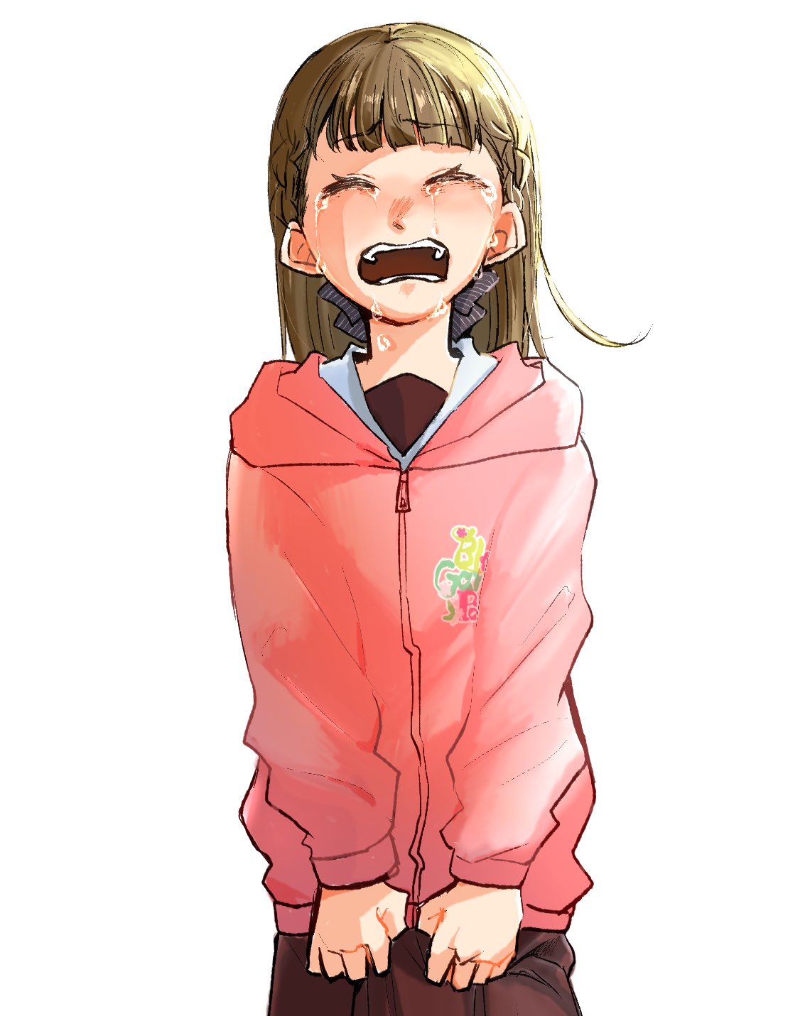 1girl, ^_^, black_bow, bloom_garden_party_jacket, bow, braid, brown_dress, brown_hair, center-flap_bangs, closed_eyes, crying, dress, facing_viewer, hair_bow, hasu_no_sora_school_uniform, highres, kachimachi_kosuzu, link!_like!_love_live!, long_hair, long_sleeves, love_live!, namazakana_kuenai, open_mouth, sad, sailor_collar, sailor_dress, school_uniform, side_braids, simple_background, solo, straight-on, teeth, virtual_youtuber, white_background, white_sailor_collar, winter_uniform