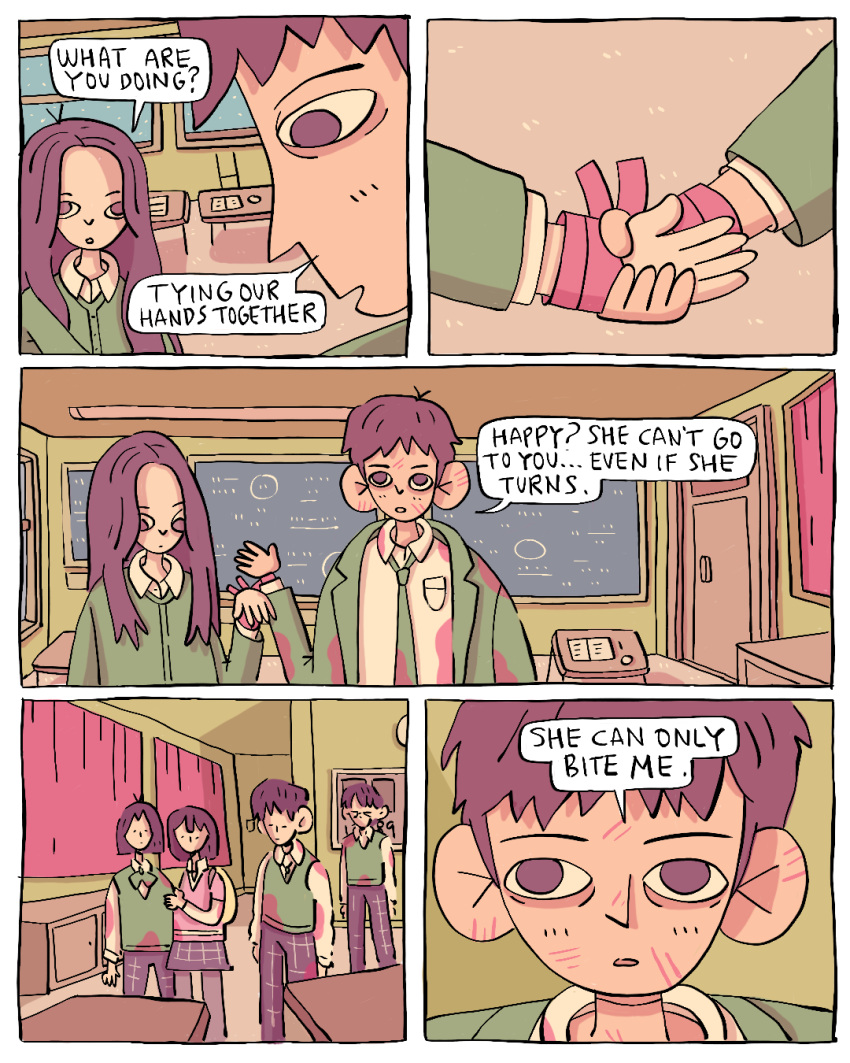 1boy, 1girl, all_of_us_are_dead, bow, choi_nam-ra, classroom, couple, english_text