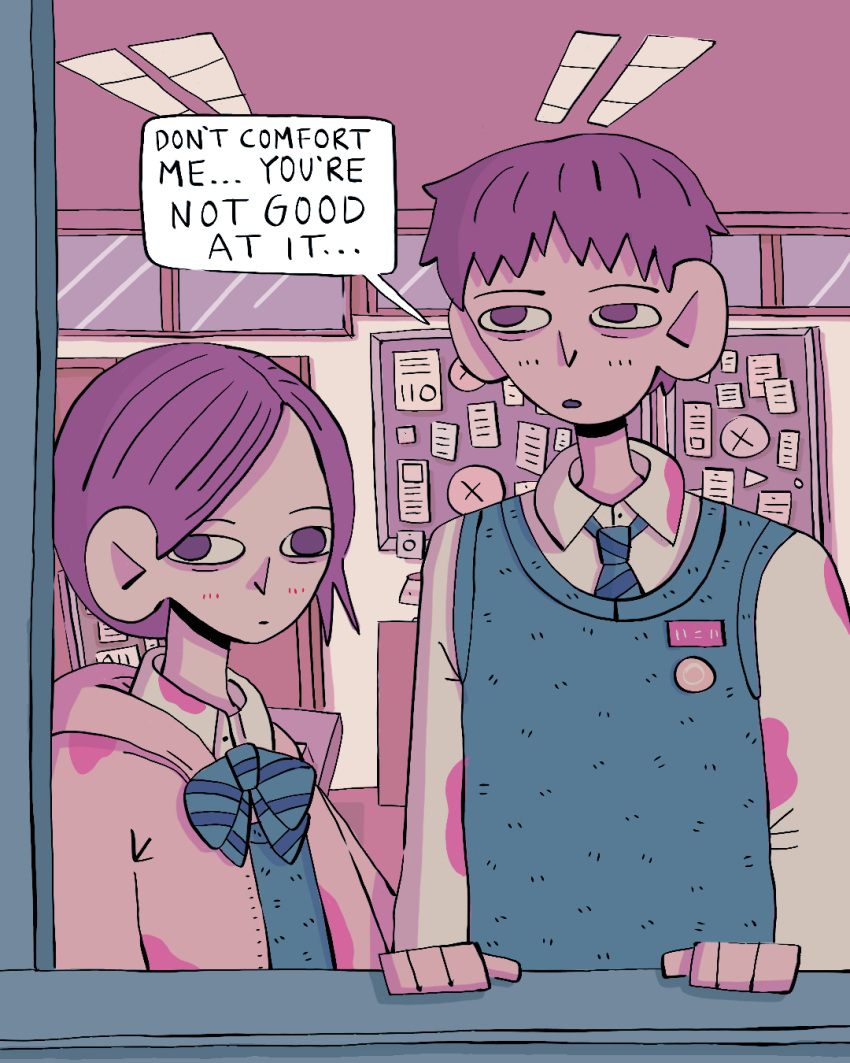 1boy, 1girl, all_of_us_are_dead, bow, classroom, couple, english_text, flat_color